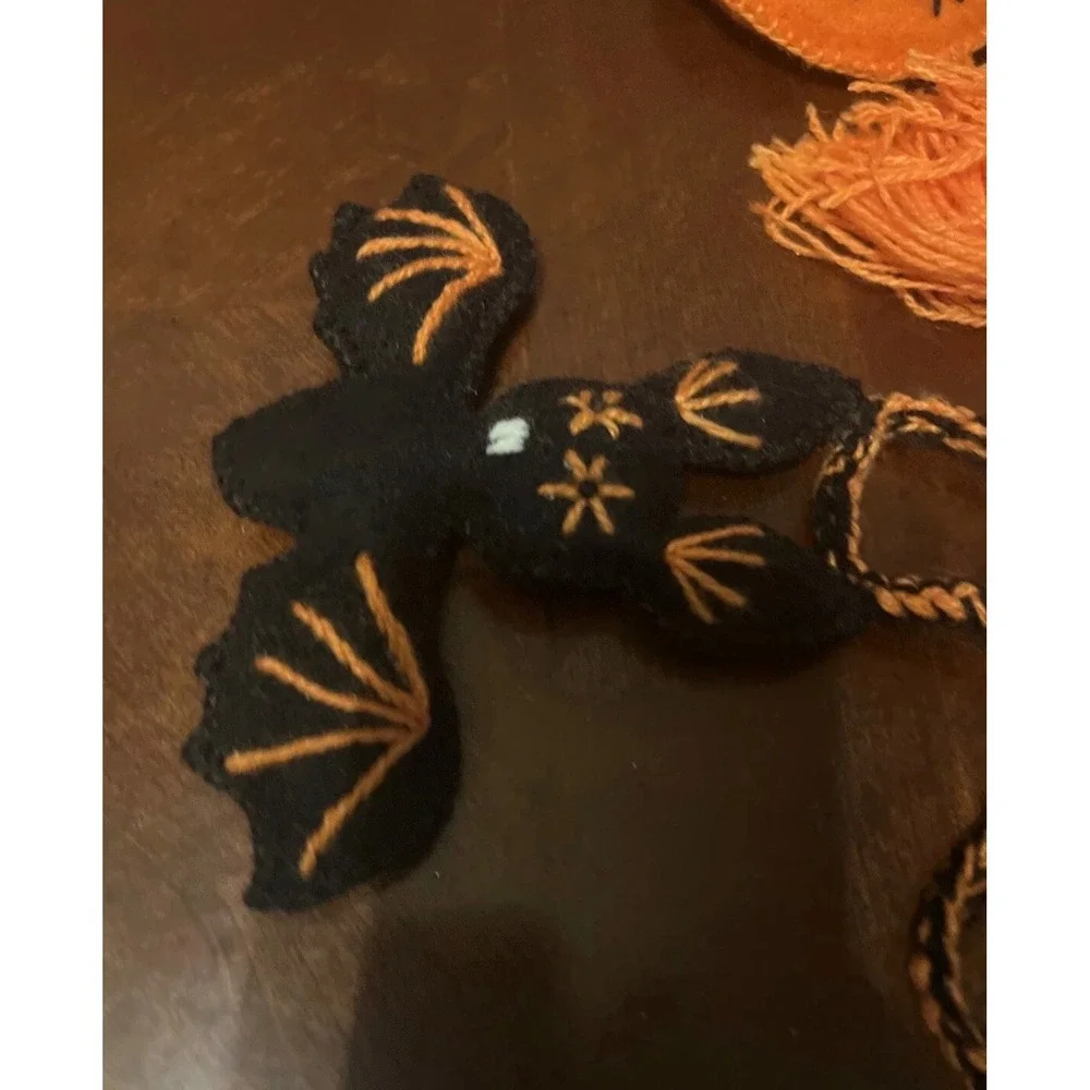 Melange Collection Handmade Wool Halloween Boo Bat Garland Orange Black Peru